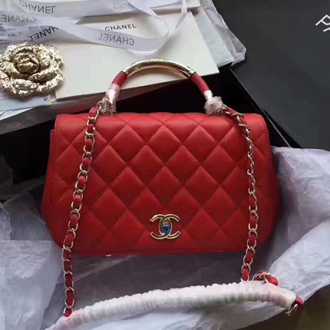 Ch**el caviar quilted lambskin flap bag with top handle red
