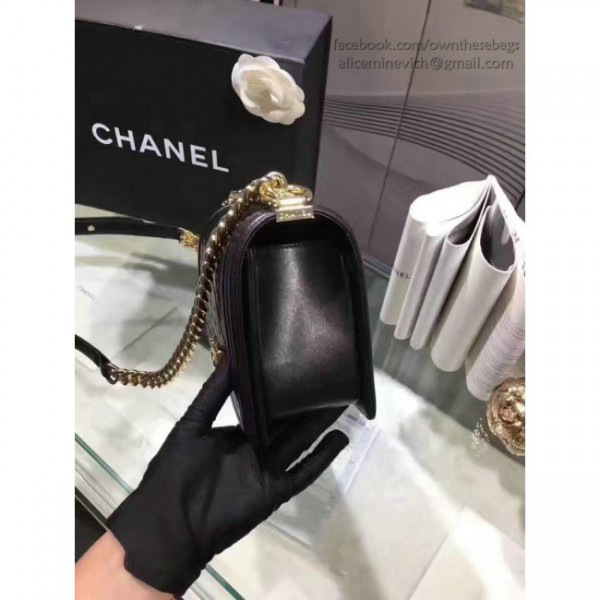 Ch**el quilted lambskin medium boy bag gold hardware black