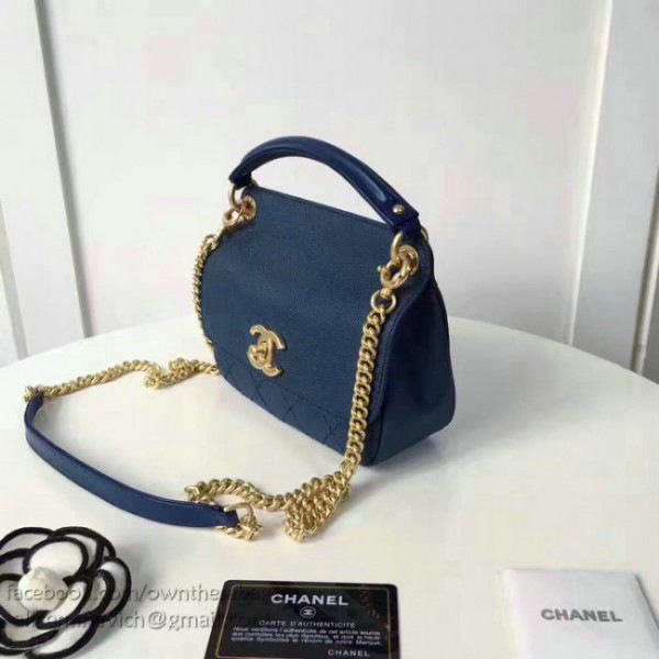 Ch**el grained calfskin mini top handle flap bag blue