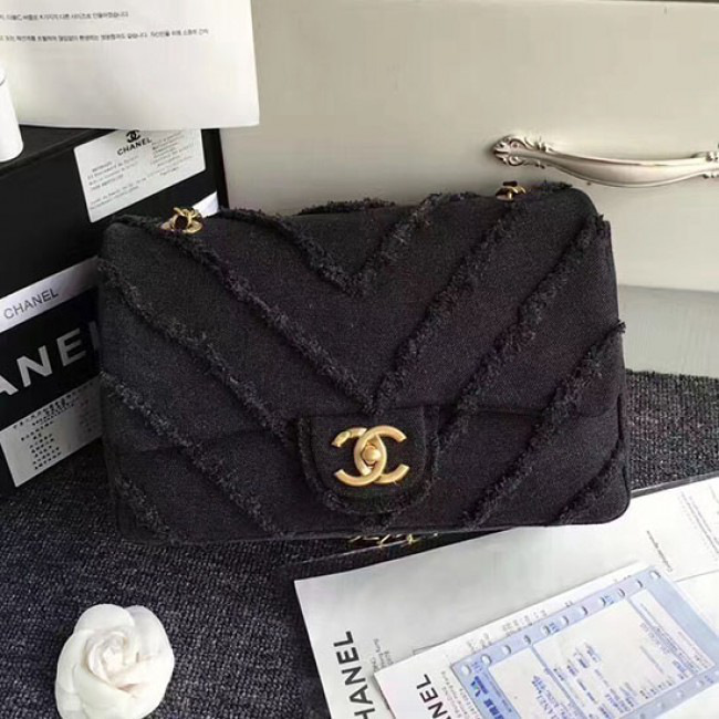 Ch**el black canvas patchwork chevron medium flap bag