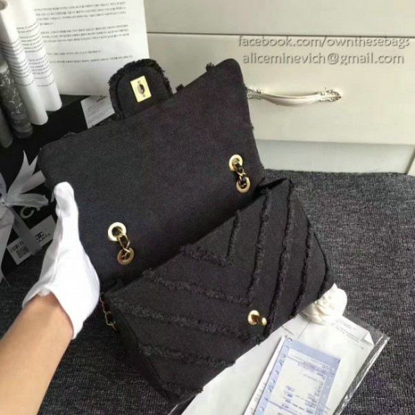 Ch**el black canvas patchwork chevron medium flap bag