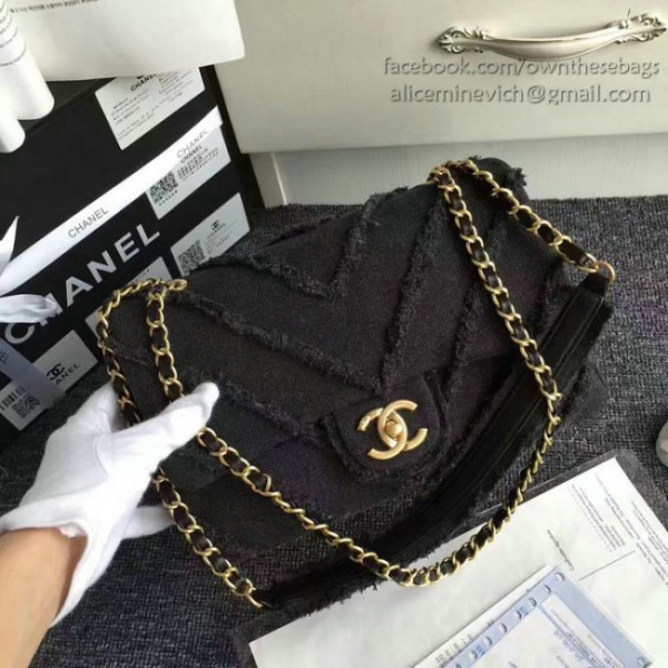 Ch**el black canvas patchwork chevron medium flap bag
