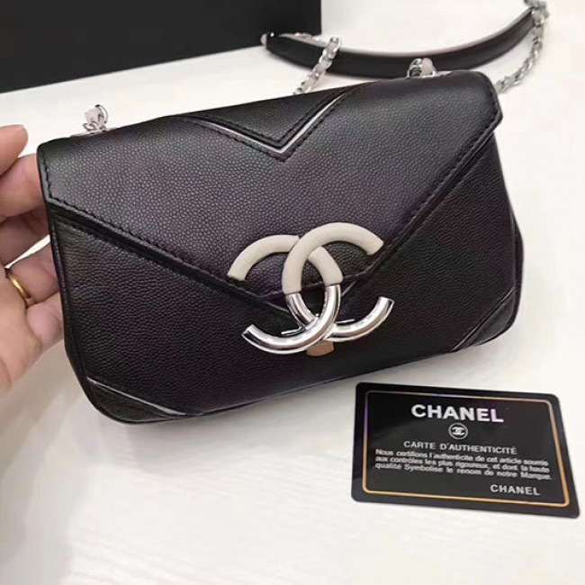 Ch**el calfskin chevron flap bag black