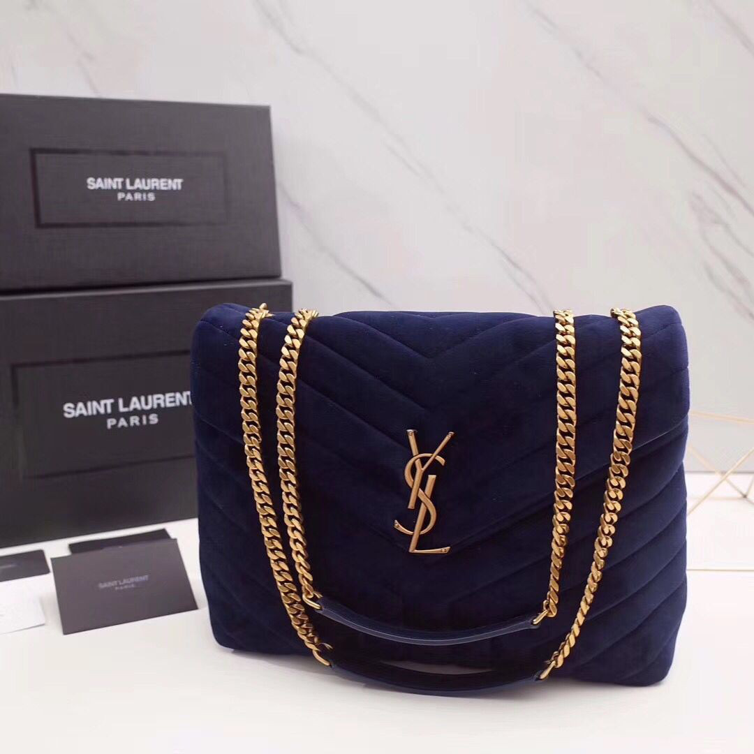Y51 loulou monogram quilted velvet shoulder bag large blue  481 30cm*20cm*10cm
