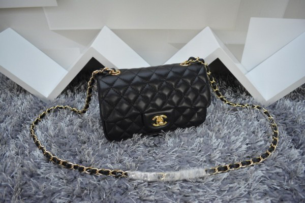 Ch**el lambskin leather flap bag with gold/silver chain black 20cm