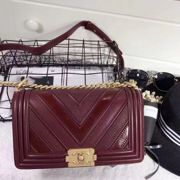 Ch**el chevron quilted medium boy bag burgundy