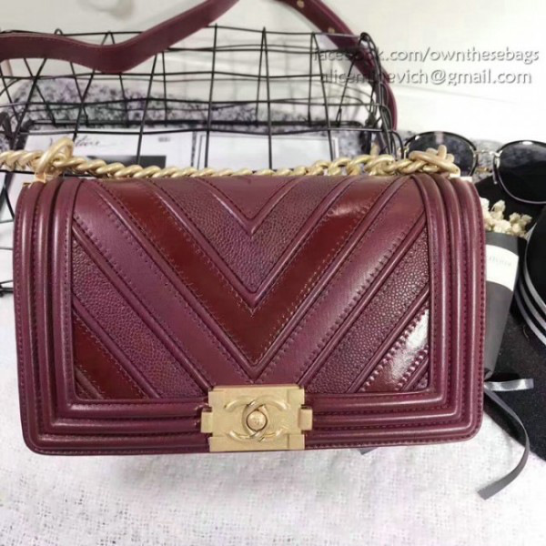 Ch**el chevron quilted medium boy bag burgundy