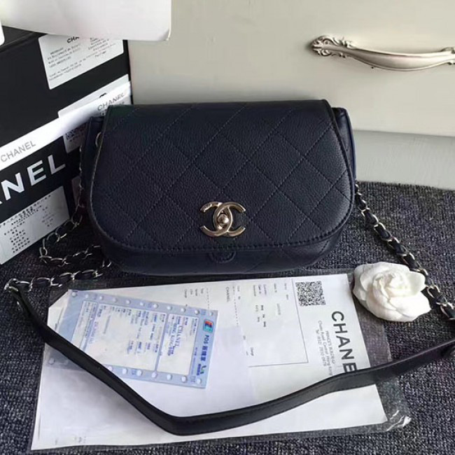 Ch**el grained calfskin caviar stitched shoulder bag blue a92949