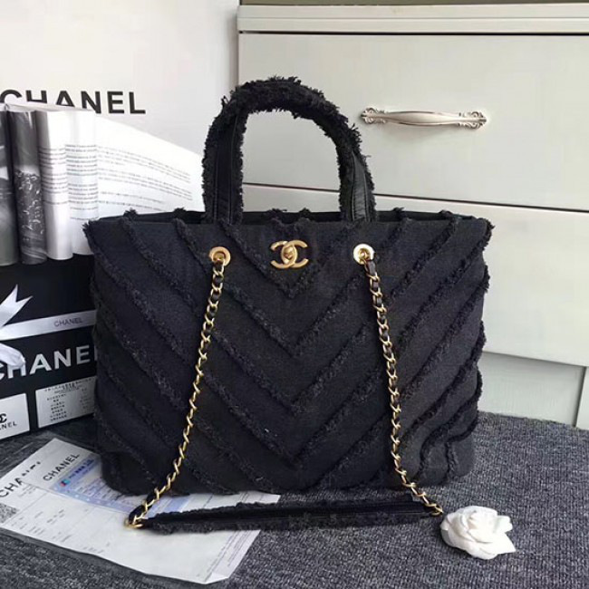 Ch**el canvas patchwork chevron large shopping bag black