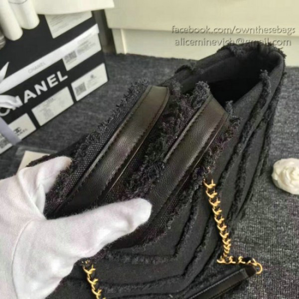Ch**el canvas patchwork chevron large shopping bag black