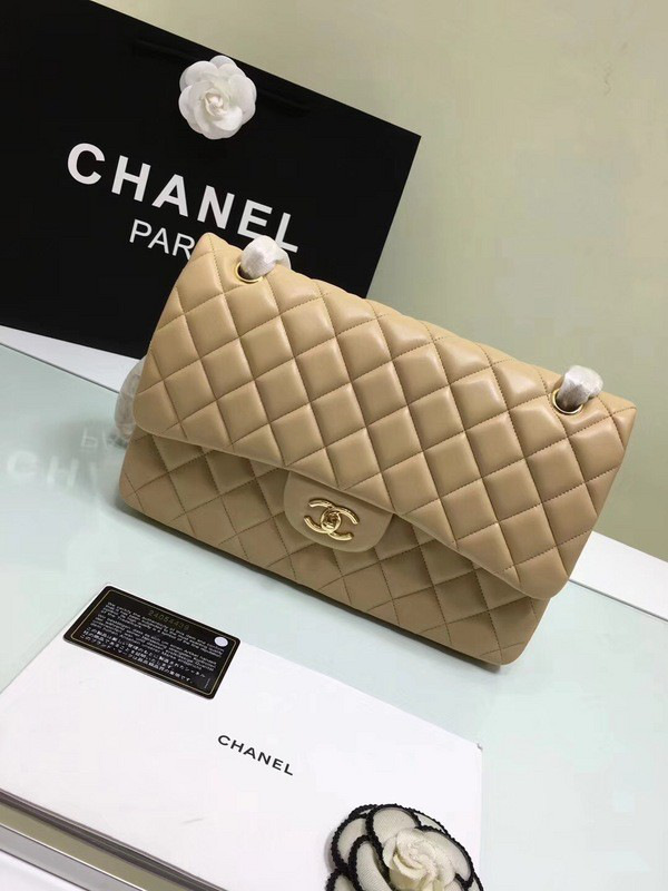 Ch**el classic flap bag beige lambskin leather sliver&gold chain 30cm