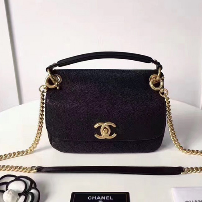 Ch**el grained calfskin mini top handle flap bag black