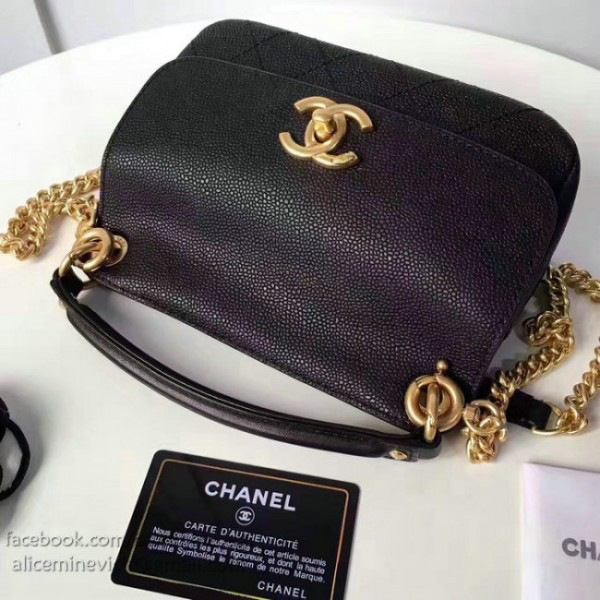 Ch**el grained calfskin mini top handle flap bag black
