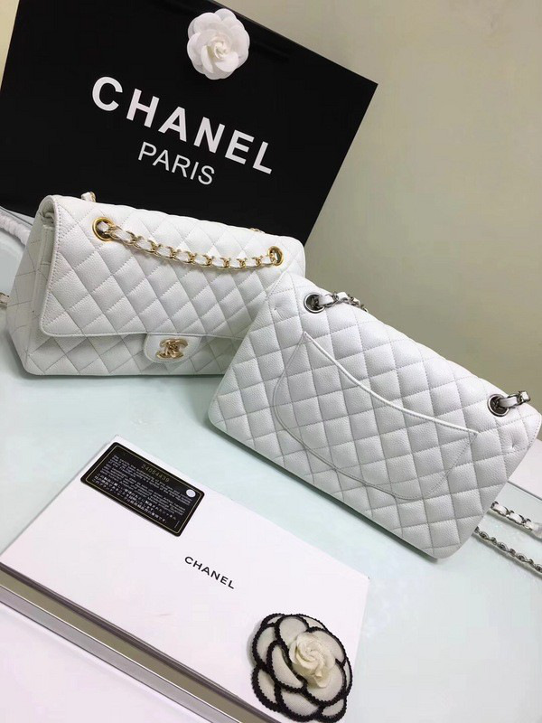 Ch**el classic flap bag white caviar leather sliver&gold chain 25cm