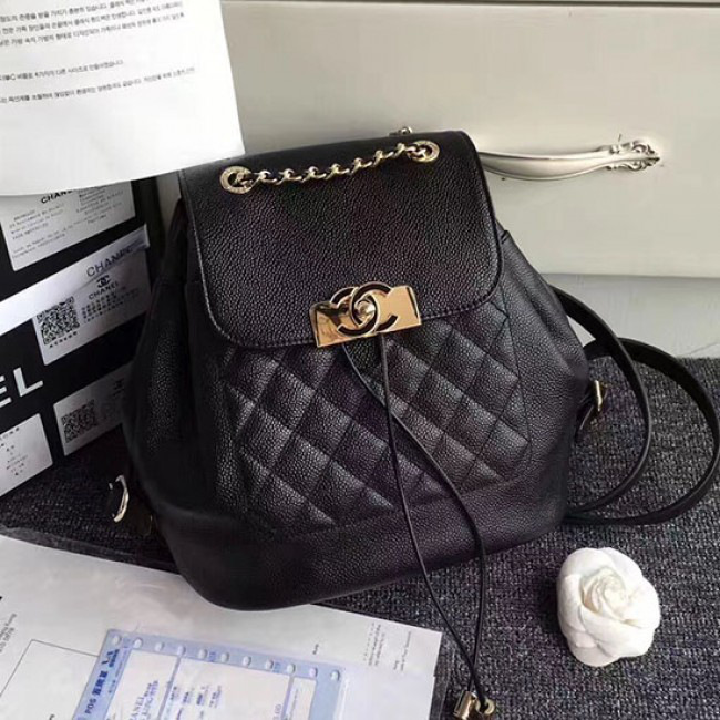 Ch**el grained calfskin gold-tone metal backpack black  23 x 25 x 13cm