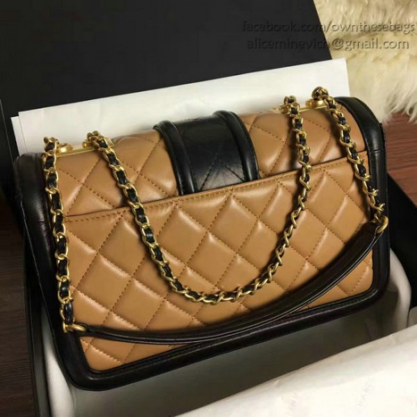 Ch**el quilted lambskin gold-tone metal flap bag beige and black