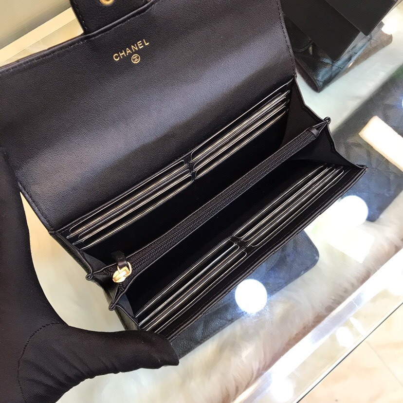 Ch**el long imported deer grain leather v-grain road wallet 80758 black 10.5*19.*3cm