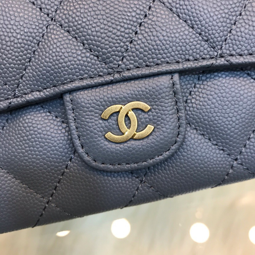 Ch**el classic cf long lychee purse smog blue 10.5*19.*3cm