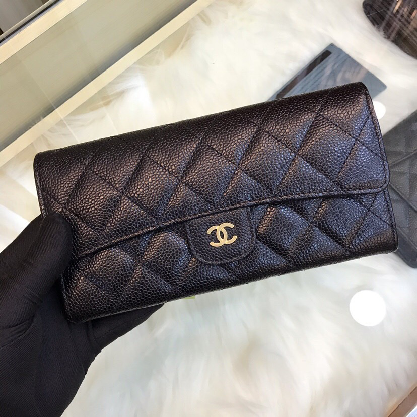 Ch**el classic cf long lychee purse black with green 10.5*19.*3cm