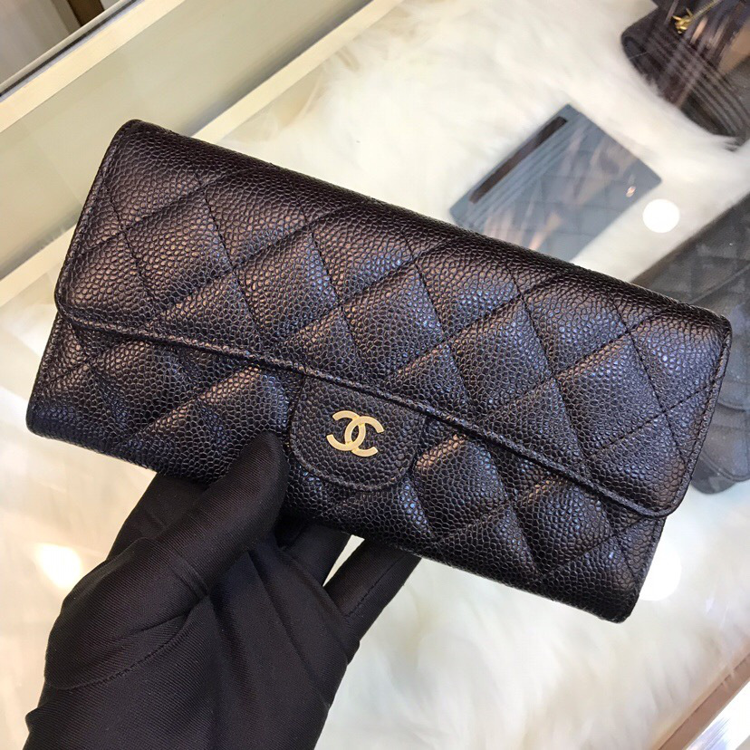Ch**el classic cf long lychee purse black with green 10.5*19.*3cm