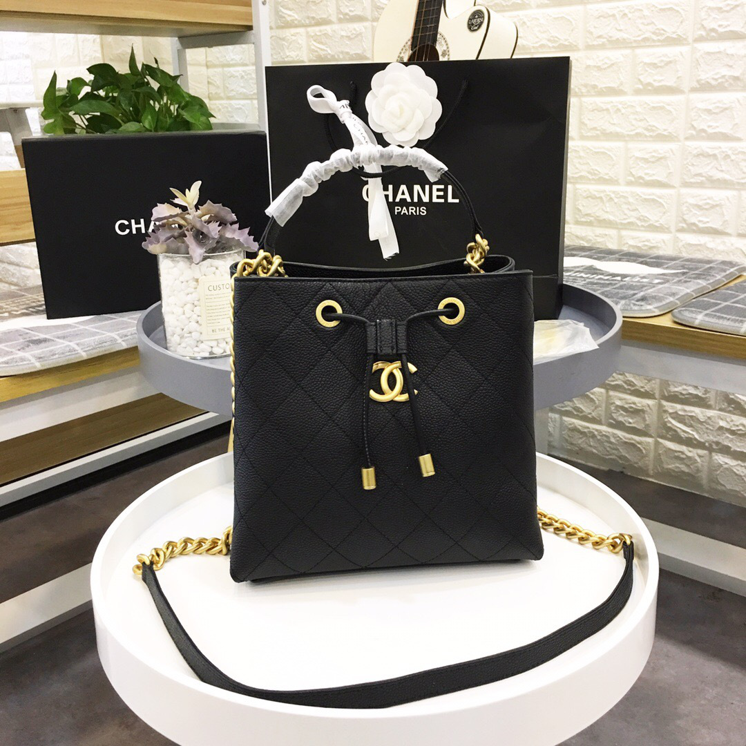Ch**el new drawstring bucket bag black 20x20x12cm