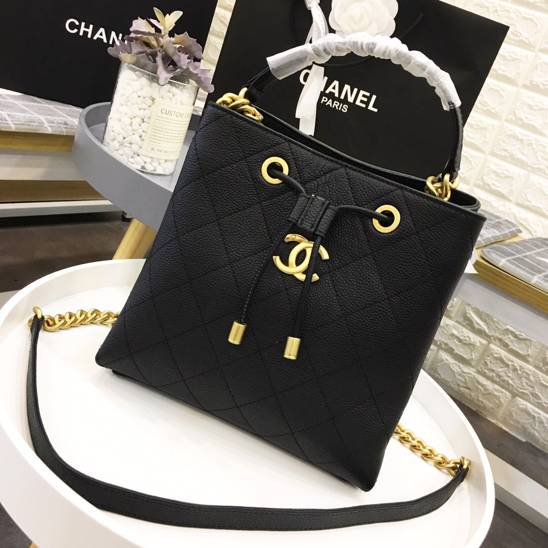 Ch**el new drawstring bucket bag black 20x20x12cm