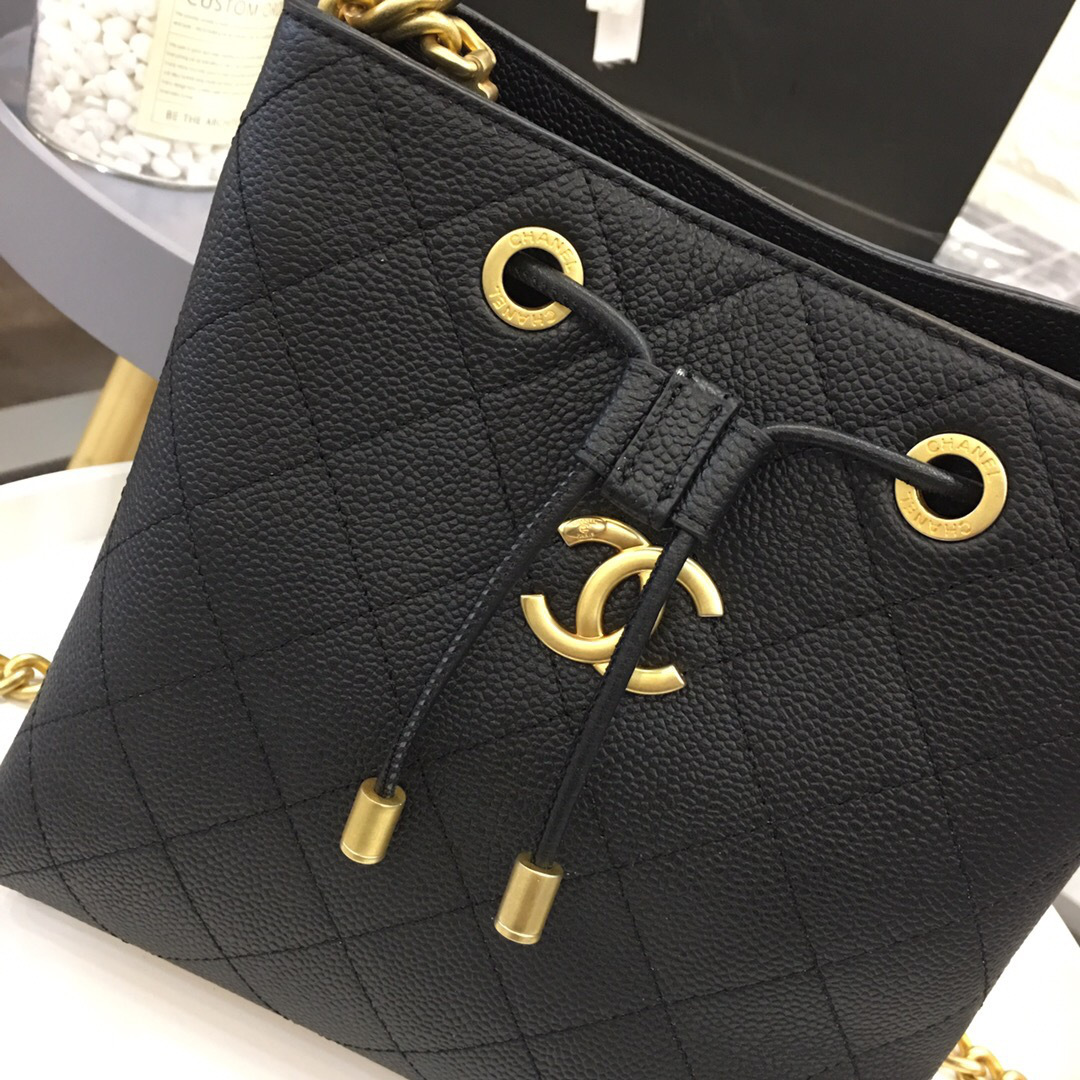 Ch**el new drawstring bucket bag black 20x20x12cm