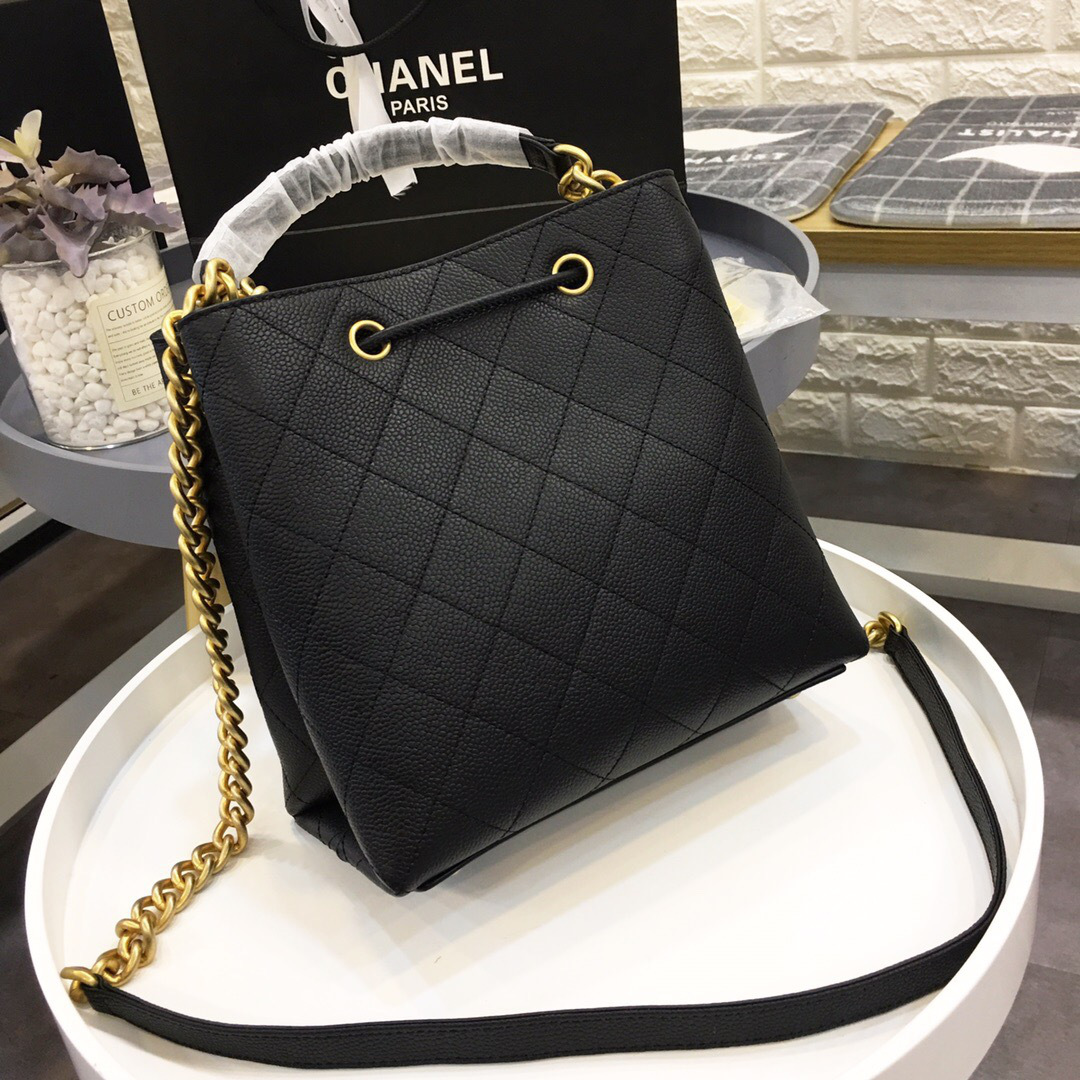 Ch**el new drawstring bucket bag black 20x20x12cm