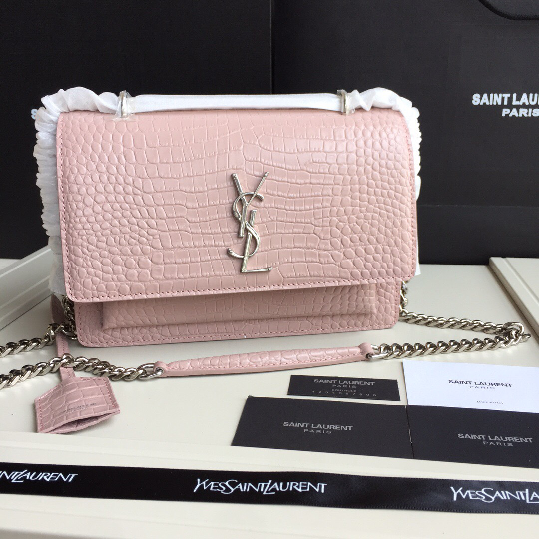 Y51 small crocodile silver chain front flap handbag pink  22*16*8cm