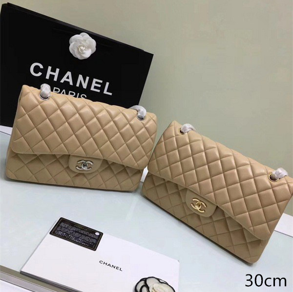 Ch**el classic flap bag beige lambskin leather sliver&gold chain 30cm