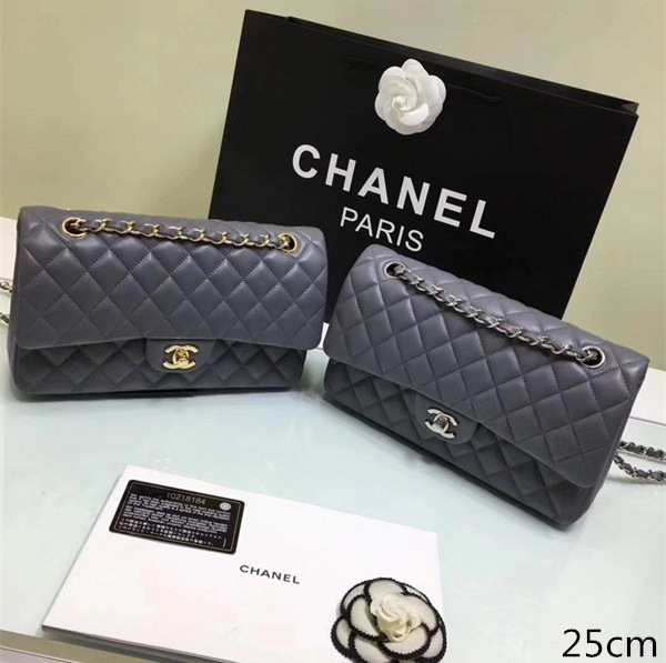 Ch**el classic flap bag grey caviar leather sliver&gold chain 25cm