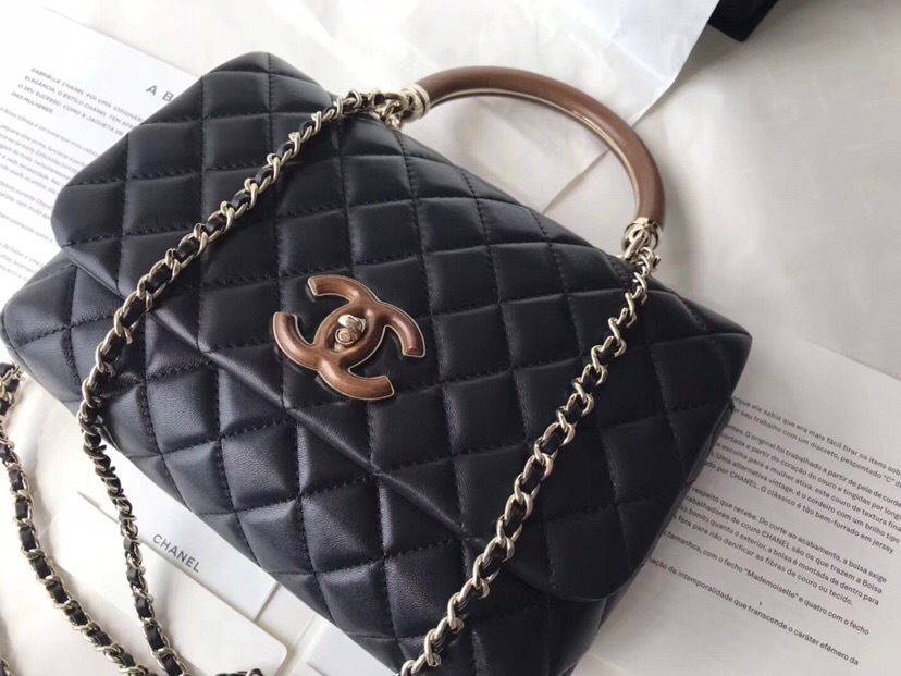 Ch**el flap bag with top handle black 21cm