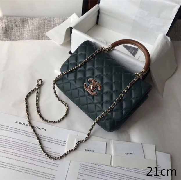 Ch**el flap bag with top handle dark green 21cm