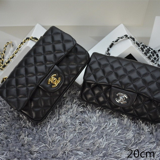 Ch**el lambskin leather flap bag with gold/silver chain black 20cm