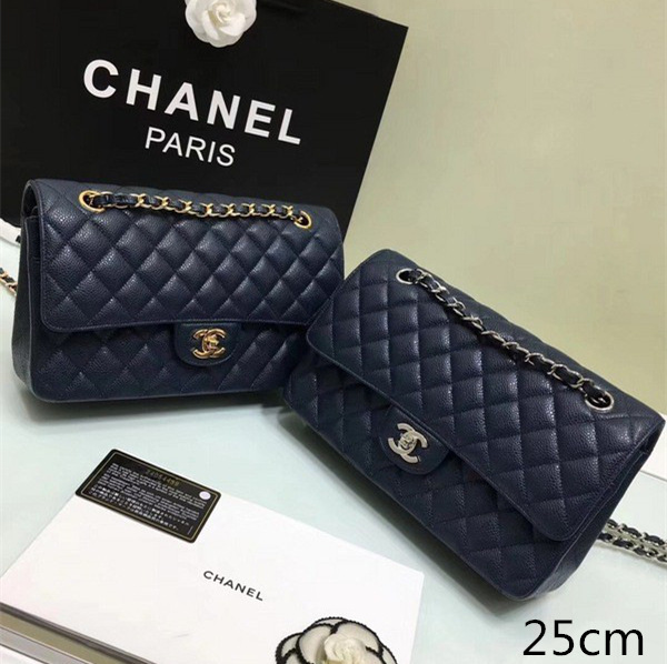 Ch**el classic flap bag royalblue caviar leather sliver&gold chain 25cm