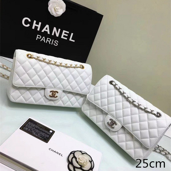 Ch**el classic flap bag white caviar leather sliver&gold chain 25cm