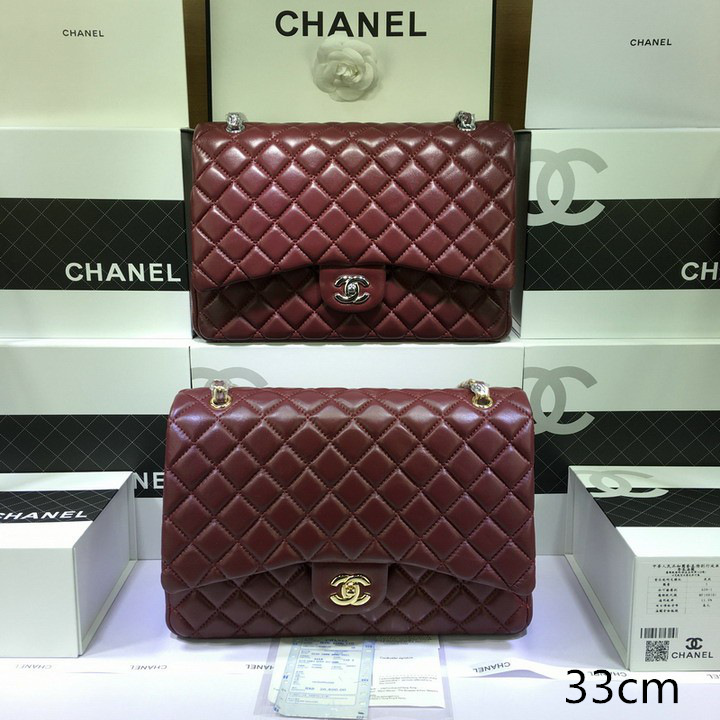 Ch**el lambskin leather flap bag with gold/silver chain maroom red 33cm