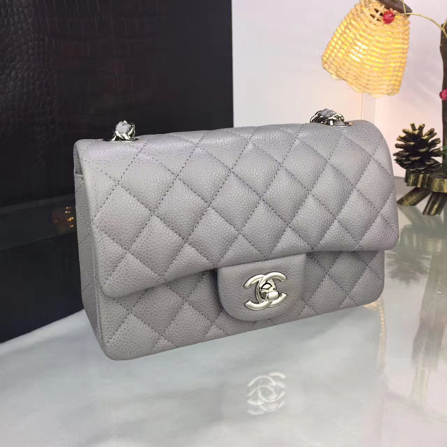 Ch**el classic flap bag grey caviar leather sliver&gold chain gray 20cm