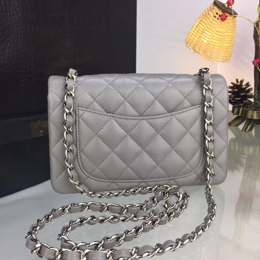 Ch**el classic flap bag grey caviar leather sliver&gold chain gray 20cm