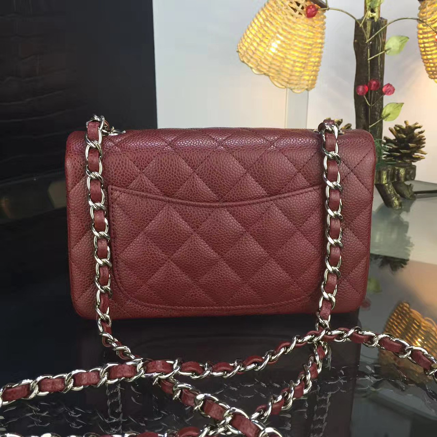 Ch**el classic flap bag burgundy caviar leather sliver&gold chain 20cm