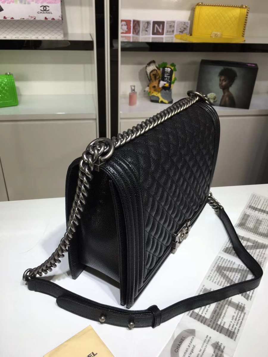 Ch**el large boy bag black caviar leather with silver&gold hardware 30cm