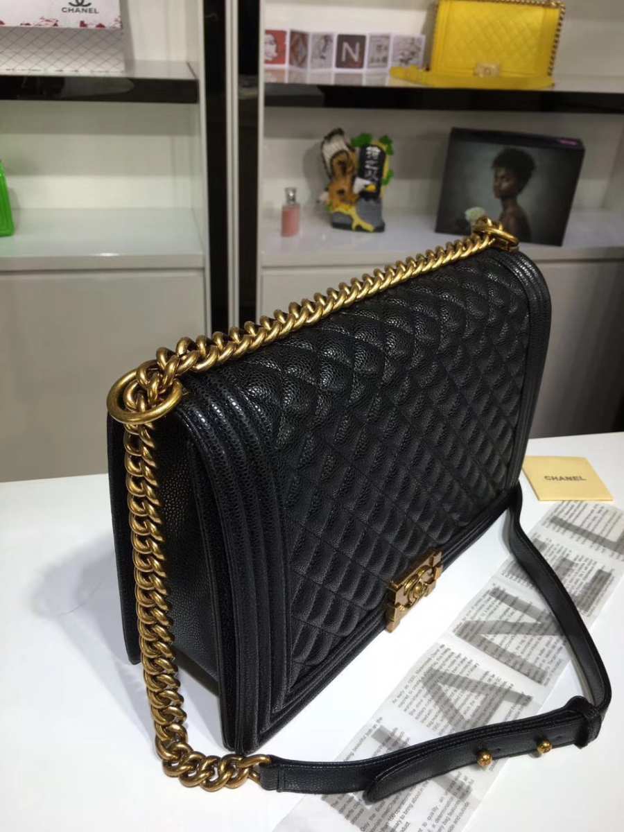 Ch**el large boy bag black caviar leather with silver&gold hardware 30cm
