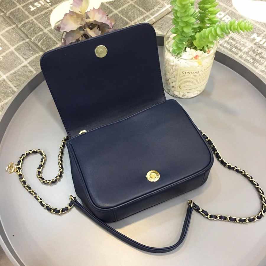 Ch**el new sheepskin small square bag dark blue 18.5x5.5x15cm