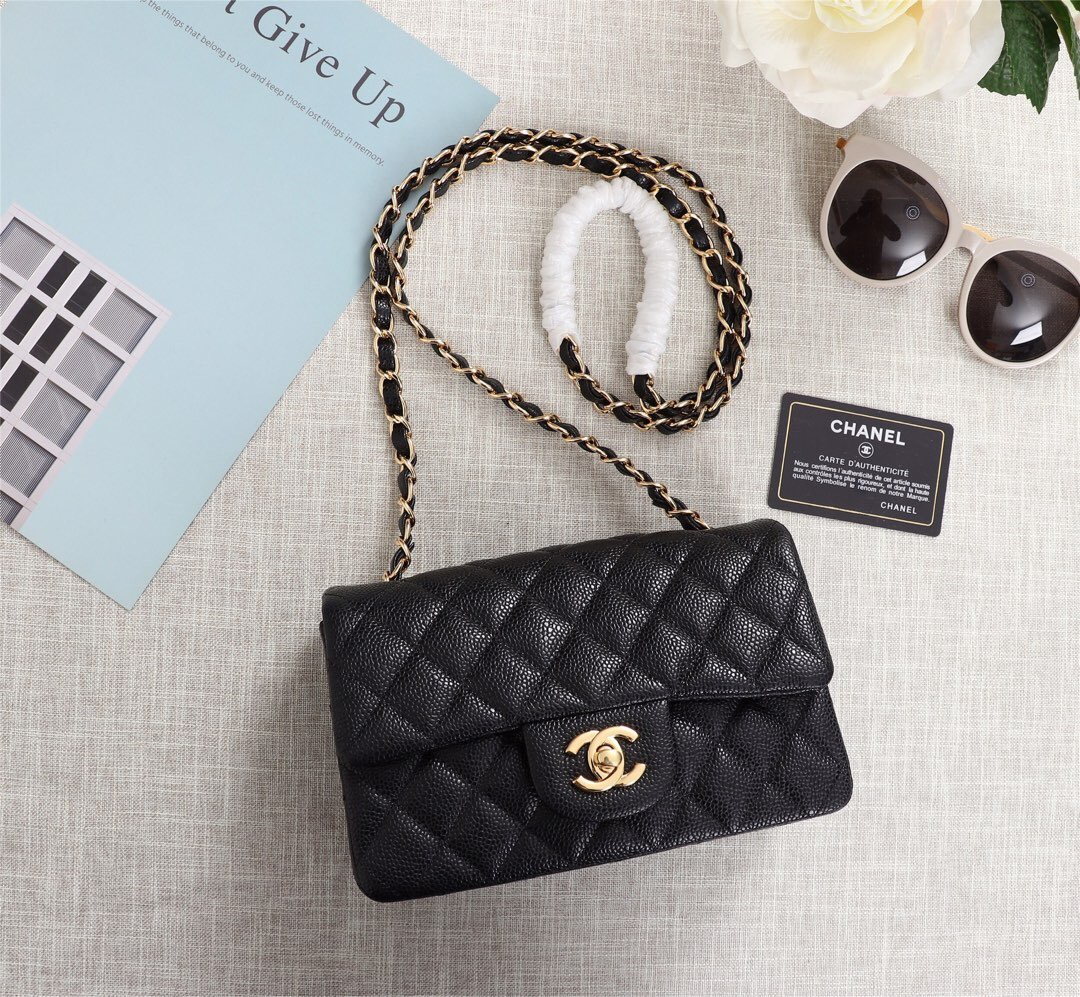 Ch**el flap bag caviar lambskin leather black gold chain 20cm