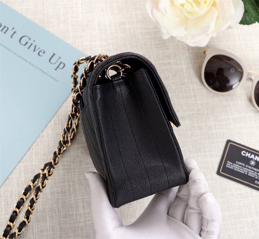 Ch**el classic flap bag caviar leather sliver&gold hardware 20cm black
