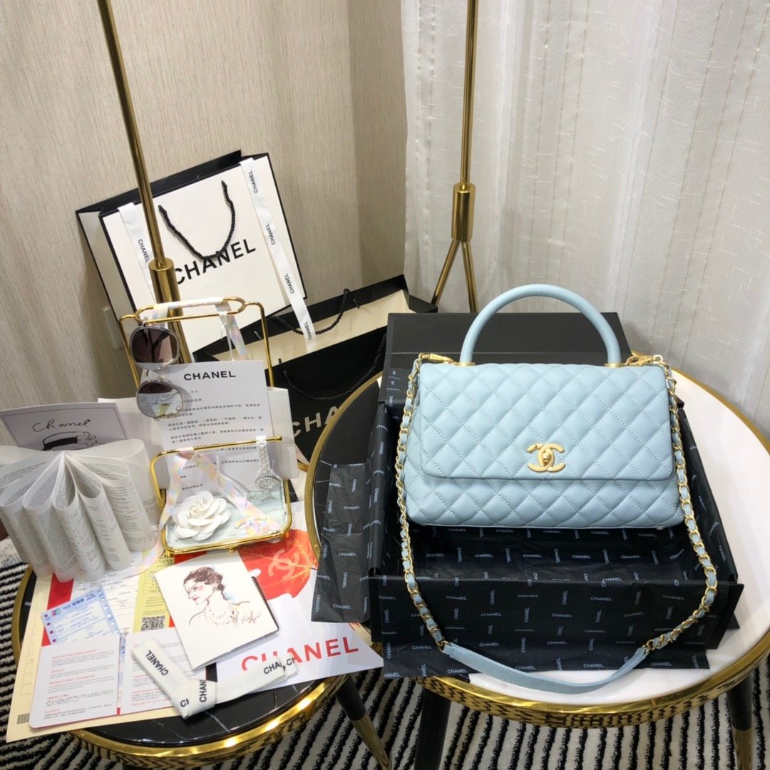 Ch**el maxi flap bag with top handle cornflower 28cm