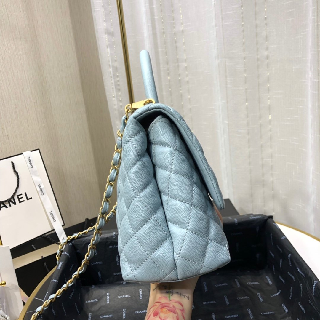 Ch**el maxi flap bag with top handle cornflower 28cm