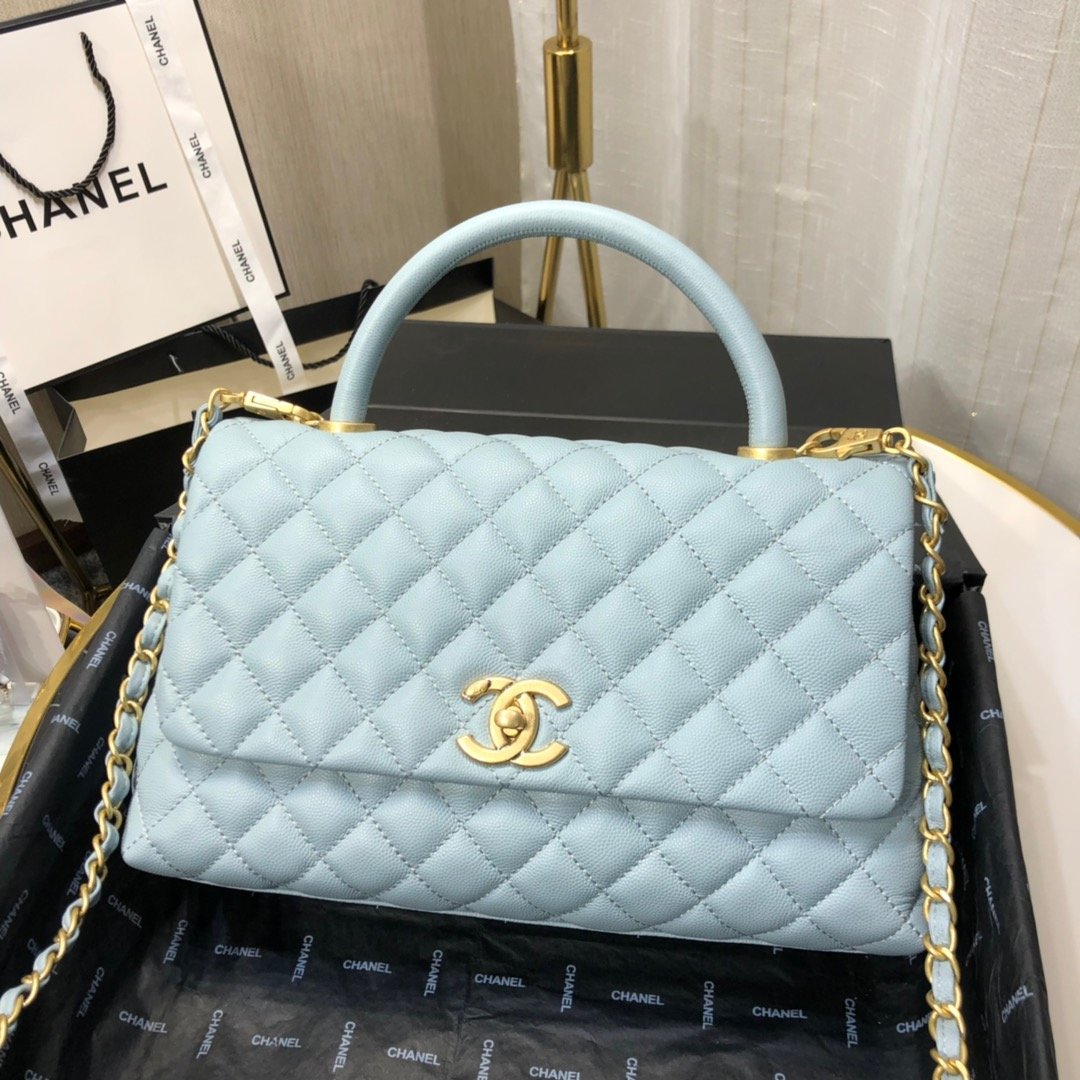 Ch**el maxi flap bag with top handle cornflower 28cm