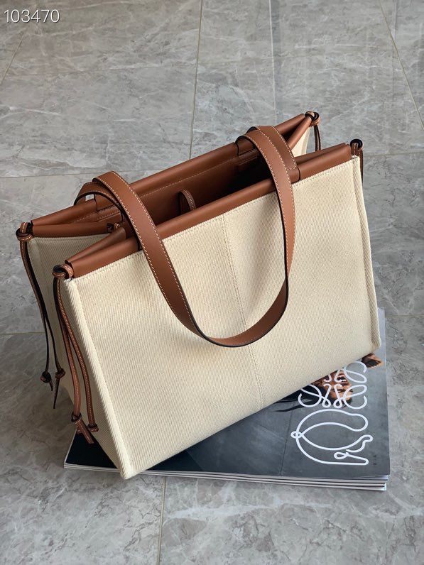 L0ew* large cushion tote bag canvas and calfskin light oat 330.02ab90 35 x 27 x 19 cm