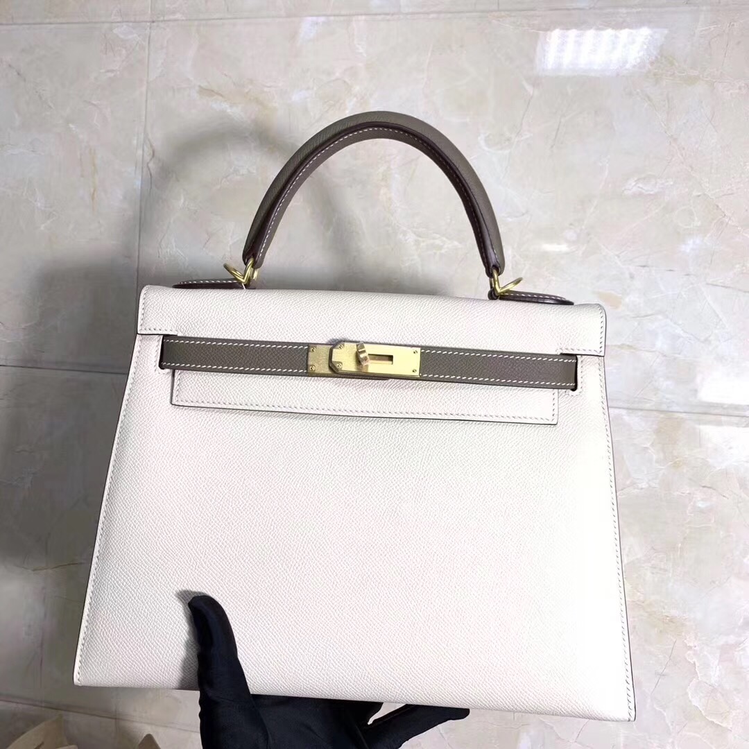H**me5 kelly epsom leather milkshake white 28cm